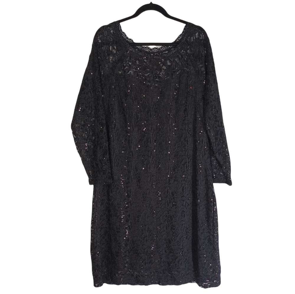 CANDALITE Women's Black Sequin Lace Long Sleeve Dress 2X